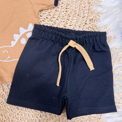 Conj. Camiseta Dinos Bordados e Bermuda - Carmelo e Preto